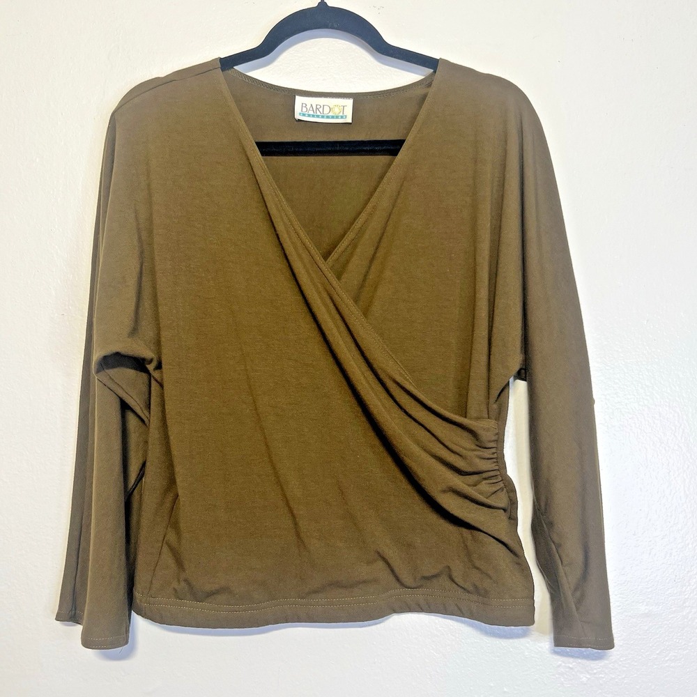 Vintageโ Bardot Long Sleeve Wrap Cross Front Ruched Blouse Top, Size M Green